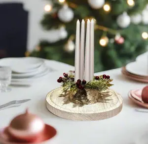 Christmas Birch Log Advent Wreath Centerpiece with 4 Taper Candles, Boho Greenery Xmas Decor, Handmade Birch Holiday Candles