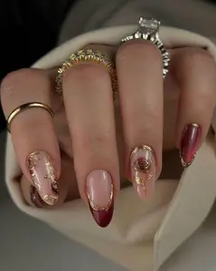 Burgundy Gold Rose Press On Nails for Valentine Days | French Tip Floral Nails for Date Nights |  Luxury Rose Nail for Girl Friend | DC975H