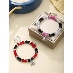 Fashion Spider & Net Design Charm Beaded Bracelet, Casual Simple Half Magnetic Heart Charm Jewelry for Party, Daily Clothing Decor Adjustable Beaded Design