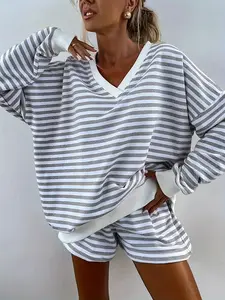 Women's Striped Print Long Sleeve Tee & High Waist Shorts Two-piece Set, Casual Round Neck Top & Shorts for Spring & Fall, Women's Clothes for Daily Wear, Casual Lounge Set