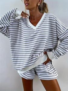 women's striped print long sleeve tee & high waist shorts two-piece set, casual loose v neck top & shorts for spring & fall, women's baggy clothes for daily wear, go out sets, 2 piece sets women, longsleeves womenswear, casual outfits women