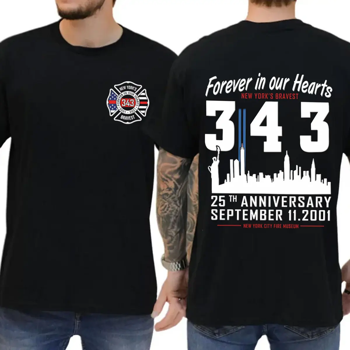 Men's Short-Sleeve Round Neck Graphic T-Shirt - Menswear, 9/11 25th Anniversary 343 Forever In Our Hearts Memorial, New York Bravest Hero Tribute, Soft Cotton Blend Classic Fabric, Outdoor Casual Remembrance Tee