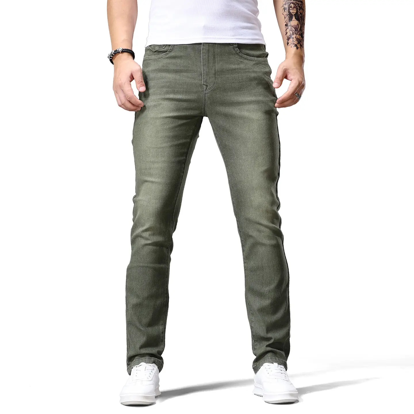 Men's Slim Fit Jeans - Stretch Fabric Vintage Washed Solid Color, Elastic Waistband & Side Pockets, Machine-Washable, Urban Streetwear, Versatile for Spring/Fall Everyday Wear, Soft Breathable, Classic Design Casual Menswear