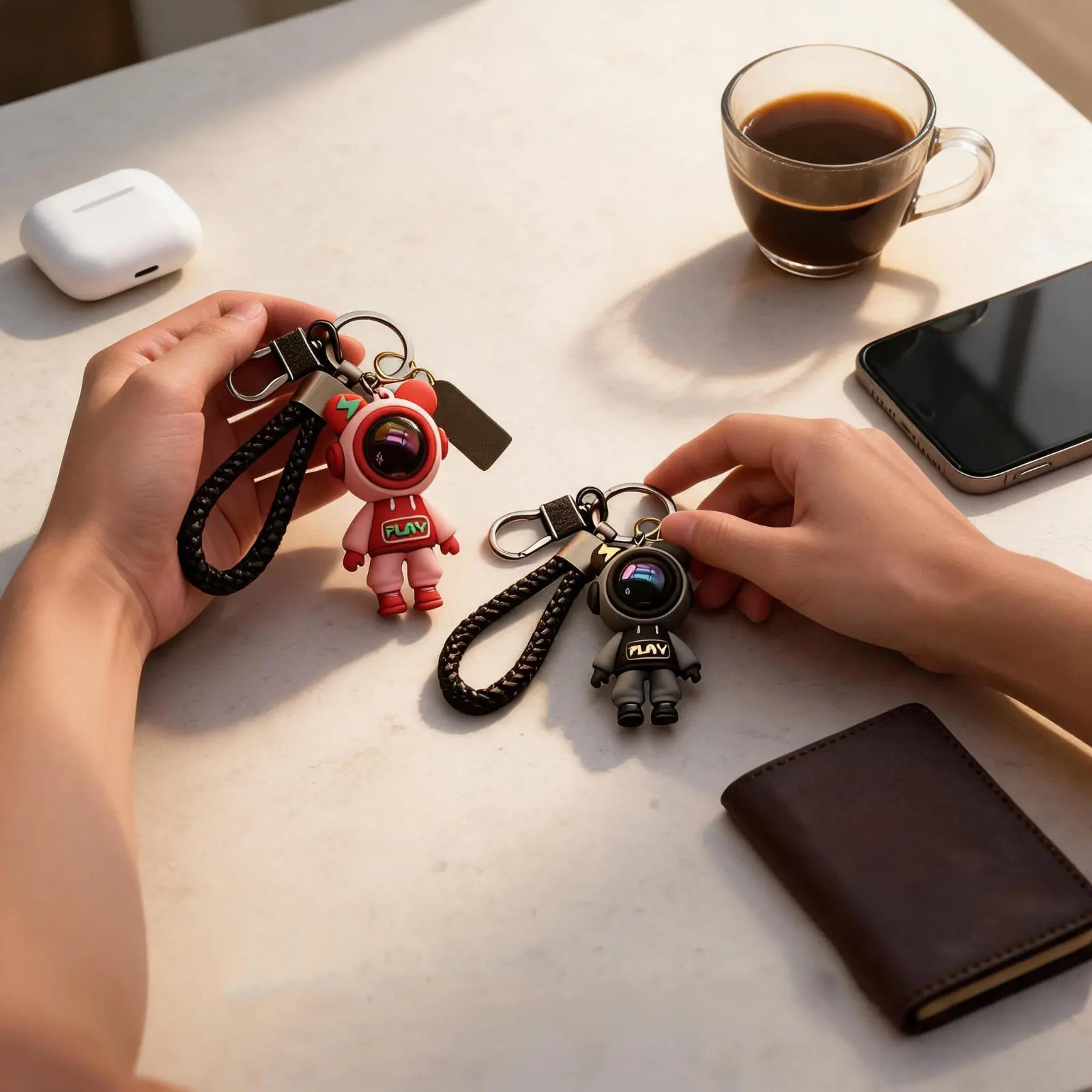 Cute Astronaut Keychain, Silicone Figure with PLAY Print, Braided Rope, and Leather Accents - Stylish Bag Charm & Car Key Accessory for Space Lovers, Cute Keychains, Character Charms Keychains