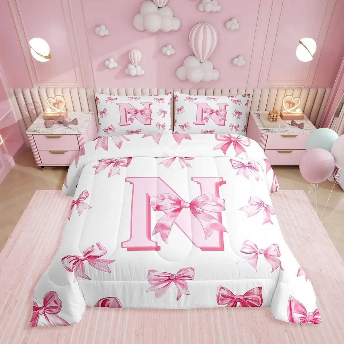 Feelyou Initial Letter N Pink Monogrammed Bowknot Cover Duvets & Sets - Personalized Initial Quilt, Soft Breathable Polyester Fibre Letter Print Bedding, Machine Washable, Multi-Size Girly Bedding for Bedroom, Camping Use