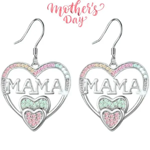 Mother’s Day Heart Earrings – MAMA Rhinestone Drop Earrings – Gift for Mom, Birthday, Anniversary Jewelry