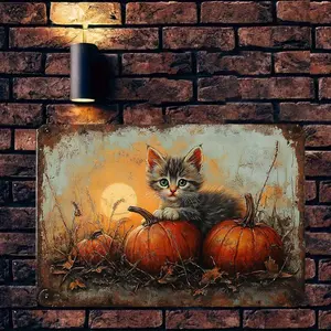 【20*30cm/8*12inch】2D Flat 1pc Vintage Metal Plaque Iron Painting Vintage Tin Painting - Cute Kitten Pumpkins Autumn Harvest Art Decor Metal Wall Decor 7.8*11.8 Inches Easy to Hang Rustic Farmhouse Metal Painting Art Deco Office Home Farmhouse Bathroom Gar