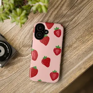 Cutes Strawberry Pattern on Pink Background iPhone Case - Cute Phone Accessory - Computer, Accessories