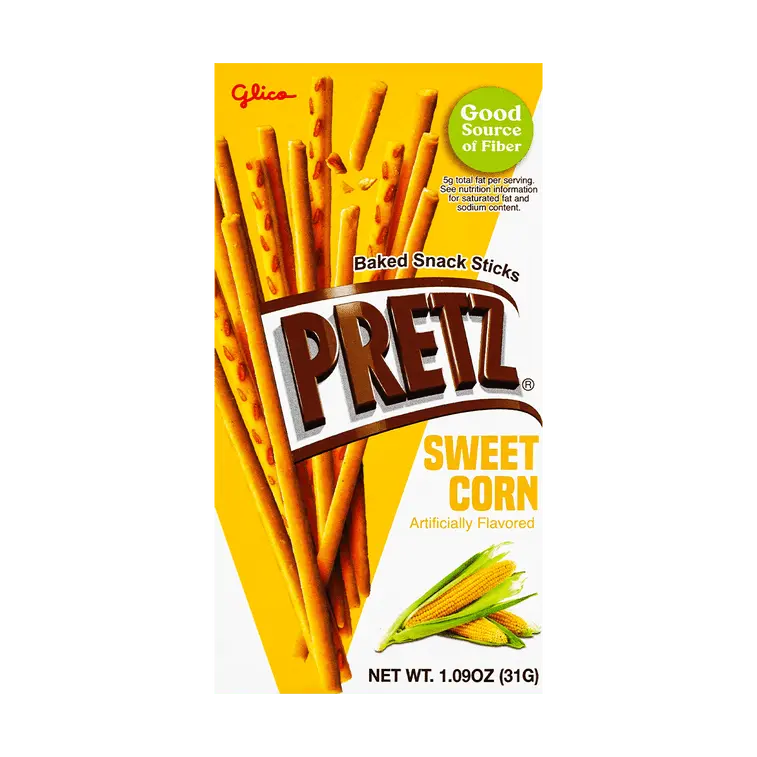 Glico Pretz Sweet Corn Flavor Crunchy Biscuit Sticks - 31g Snacks, Corn-Infused, High Carbohydrate, Mini Pretzel Twists Breadsticks & Nibbles, Sticks & Shapes Treat