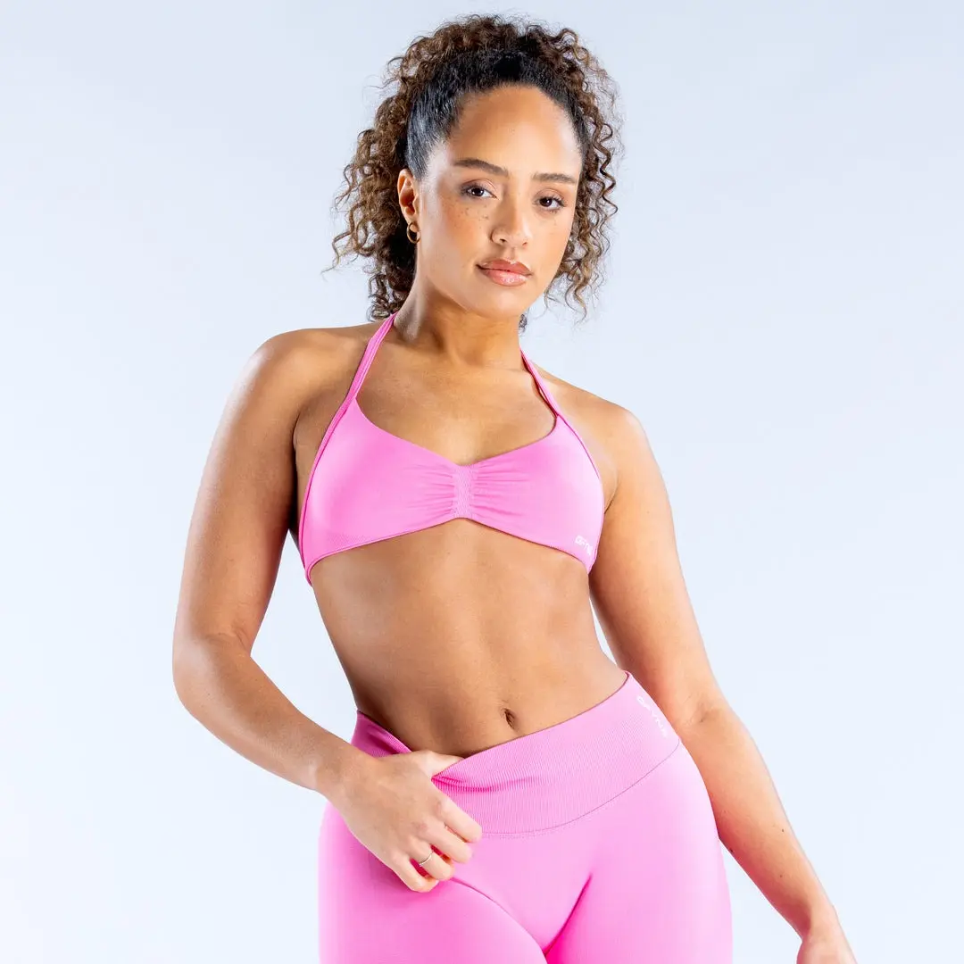 DFYNE Impact Strappy Bra - Seamless Open-Back Sports Bra for Women in Pink with Adjustable Straps and Comfortable Fit