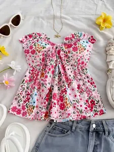 Summer Fashion Sexy Floral Print Top, Vacation Casual Tie Waist A-Line Hem, Women's Stylish Blouse for Daily Wear