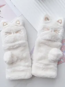 Women's Cartoon Plush Fluffy Gloves Winter Warm Fingerless for Students Writing Cycling, Cute Flip Cover Hand Warmer Accessories