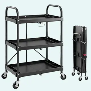 Foldable 3-Tier Rolling Cart with Locking Wheels, Compact Storage Service Trolley for Home, Office & Outdoor Use