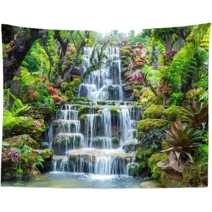 Forest Garden Waterfall Tapestry Wall Hanging Mountain Rocks Flowing Water Scenery Green Plants Trees Beautiful Nature Wall Tapestry for Home Bedroom Living Room Dorm Decor 80x60 Inches