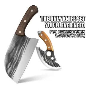 2-Piece Hand Forged Meat Cleaver & Boning Knife Set, High Carbon Steel Full Tang Sharp Chef Knife, Multipurpose Kitchen Knife for Home Cooking, Outdoor Camping, Backyard BBQ, Great Gift for Him, Cooking Lovers, Outdoor Enthusiasts