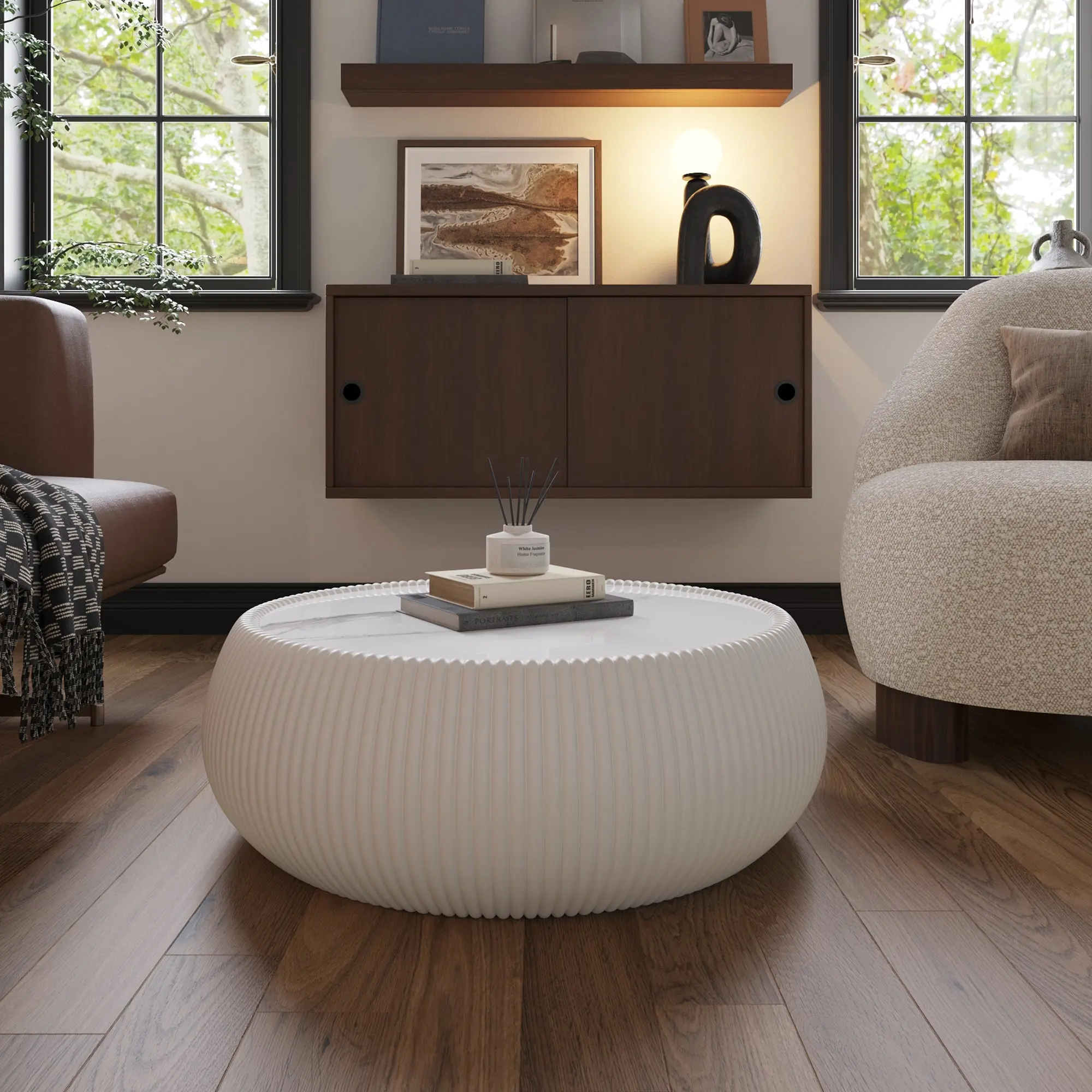 Round Drum Coffee Table - Light Marble Top, Microfiber Leather-Wrapped Solid Base, Textured Surface, Top-Quality Material, Stable, Durable, Fully Assembled Indoor Living Room Side Table