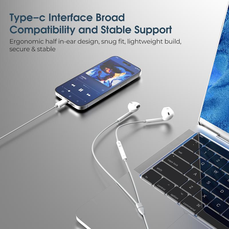 Type C Wired Earphones for iPhone 17/16/15 Series Galaxy Z Fold 7/6 S25 S24 S23, Google Pixel 9/8/7, In Ear USB C Earbuds [Microphone & Volume Control] Plug & Play Wired Headphones Audio Earplugs