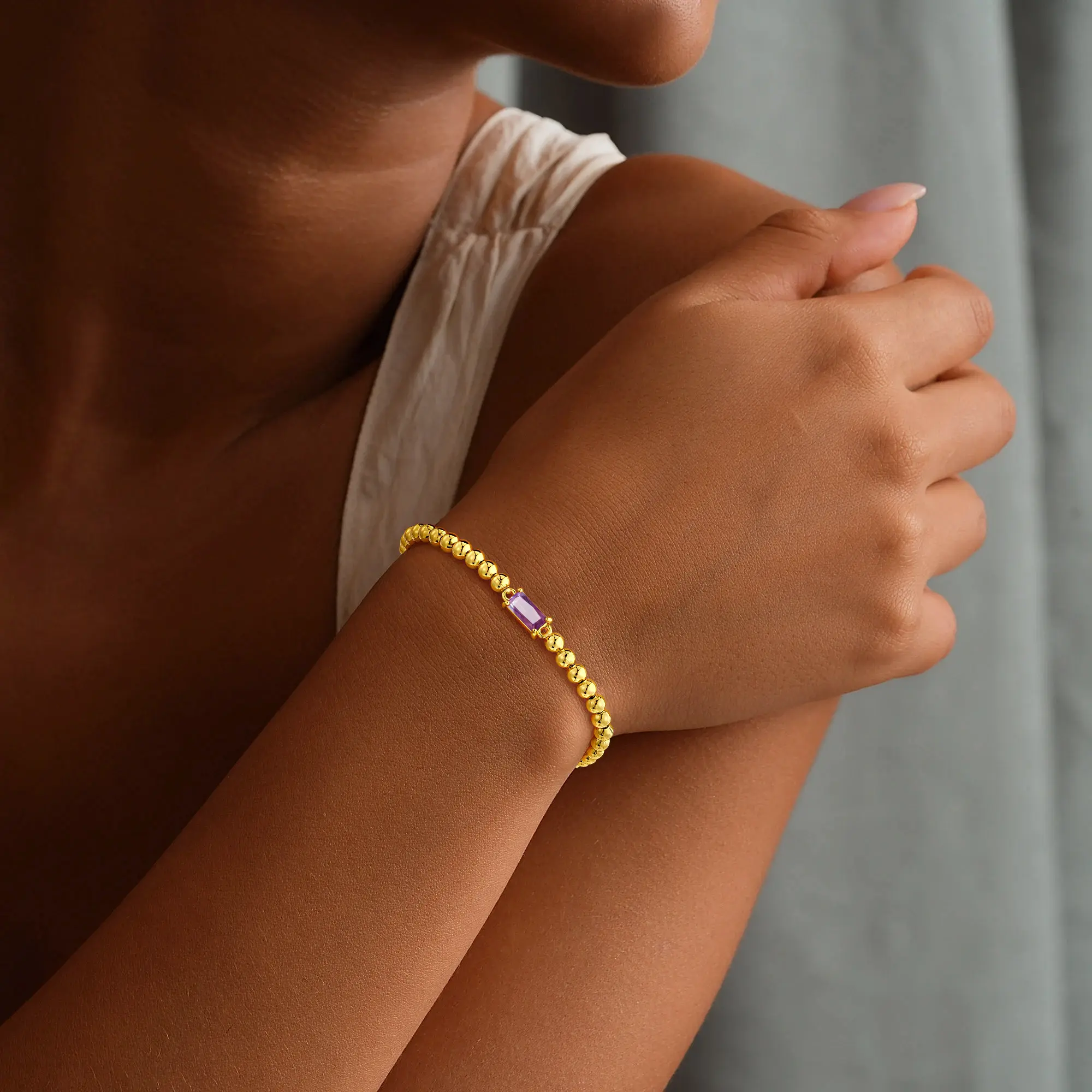 Turandoss Birthstone Beaded Bracelet for Women - 14K Gold Plated Bead Elastic Bangle Bracelets Trendy Friendship Birthday Jewelry Gifts for Women summerwins
