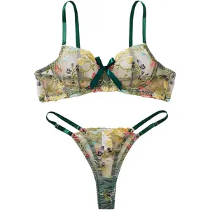Sexy Floral Embroidered Flower Mesh Underwire Push Up Lingerie Set