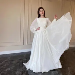 Lantern Sleeve Pearlescent Yarn White Wedding Dress round Neck Dress Long Sleeve Dress Womenswear Spot