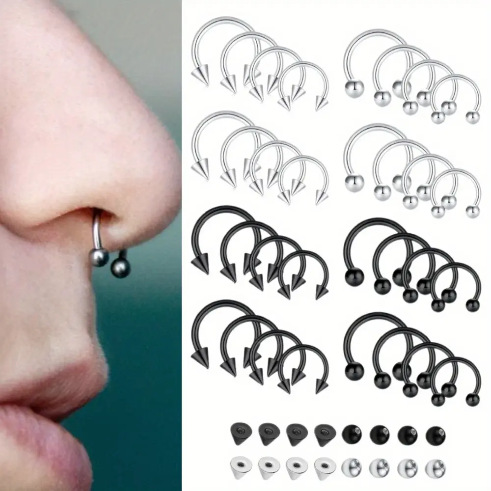 48PCS SET 16G Horseshoe Rings Surgical Steel Nose Septum Horseshoe Hoop Earring Eyebrow Tragus Lip Rings Daith Helix Piercing Jewelry for Women Men 6-12mm Smily Piercing Jewelry summerwins