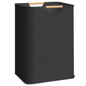 Large foldable laundry basket and storage container with wooden handle — durable laundry basket suitable for bathroom, bedroom, and laundry room — multifunctional, portable, space-saving foldable laundry basket, pure black