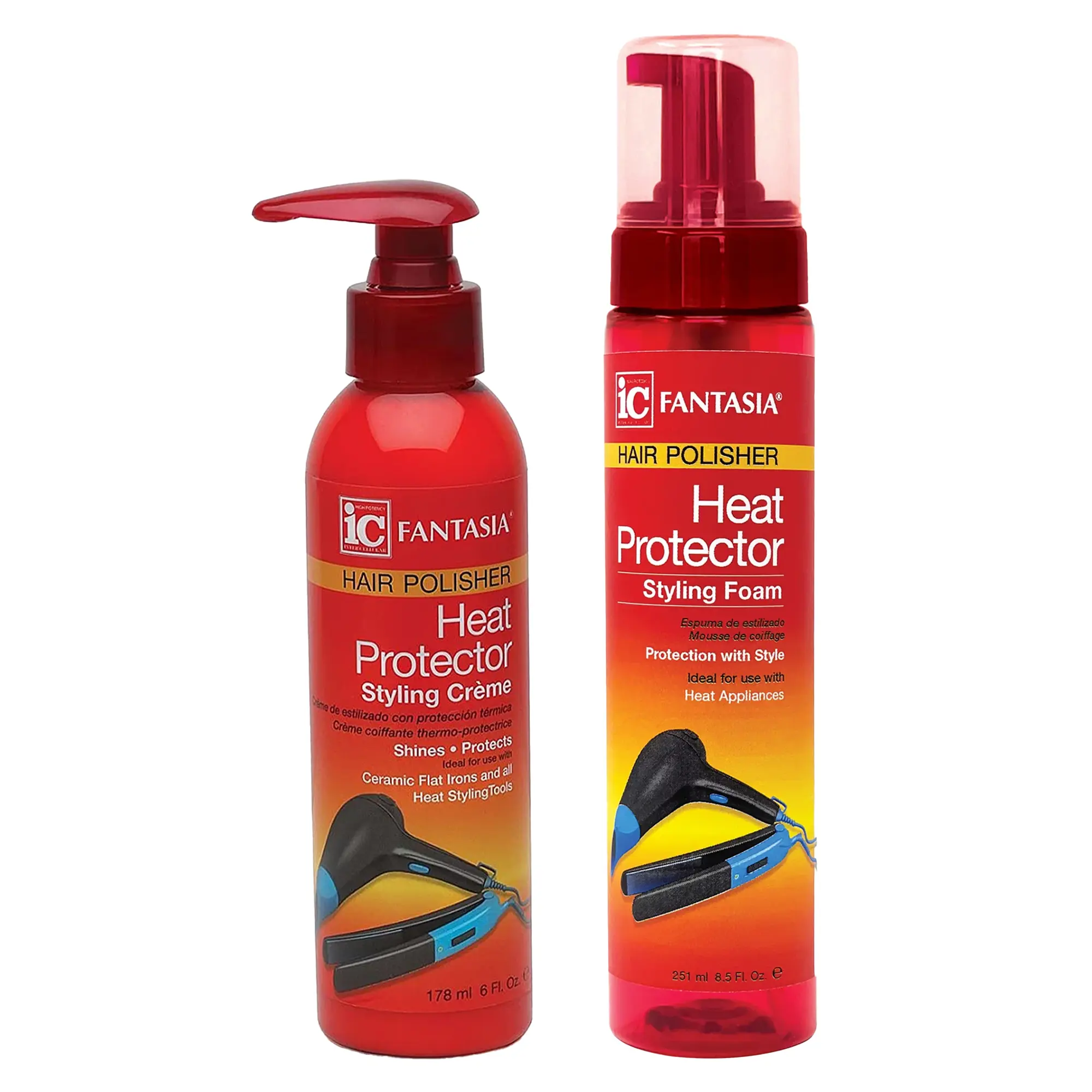 Fantasia IC Haircare Heat Protector Bundle - 6oz + 8.5oz Duo with Heat Protection, Smooth Lightweight Styling Cream, Normal Hair Styling Foam, Aloe Barbadensis Leaf Juice, Lightweight Moisture for Wavy Hair Adults, Heat Shield, Aloe Extract
