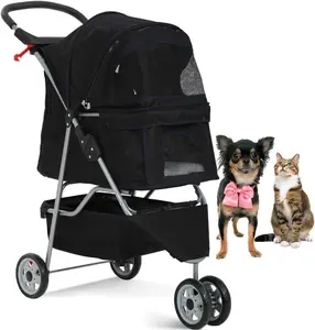 Dkeli 3-Wheel Pet Stroller, Lightweight Foldable Dog Stroller for Small Medium Dogs & Cats, Breathable Mesh & Weather Cover with Storage Basket, for Daily Walk Outdoor Travel (Black)