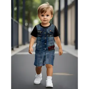 dresses for girls kids clothing girls girl shoes rainbow flip flops kids stuff Summer Short-sleeved Set for Boys, Featuring Trendy and Fashionable Cartoon-style Denim Print, and a Comfortable Short-sleeved Set., Perfect for Outdoor