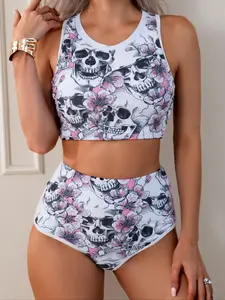 Women's Skull Print Tankini Set, Casual Sleeveless Swim Top & High Waist Swim Bottom, Ladies Swimsuit for Beach Holiday Vacation, Halloween, Floral Tankini Set, Tankini Swimwear
