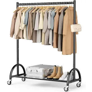Heavy Duty Clothing Rack with Wheels Rolling Clothes Racks for Hanging Clothes, Coats, Garment, Dress, Black