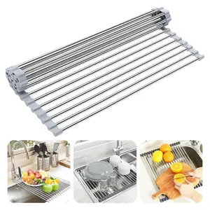 Dish Drying Rack Roll Up Sink Drying Rack, Over The Sink Dish Rack Multi-Use Stainless Steel Dish Drainers Heat Resistant Mat for Drying Draining Trivet (17.7"x13.8")