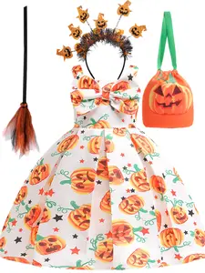 (Dress + Bag + Broom + Hair Accessories) Halloween Children's Costume Masquerade Pumpkin Little Witch Princess Dress with Suspenders
