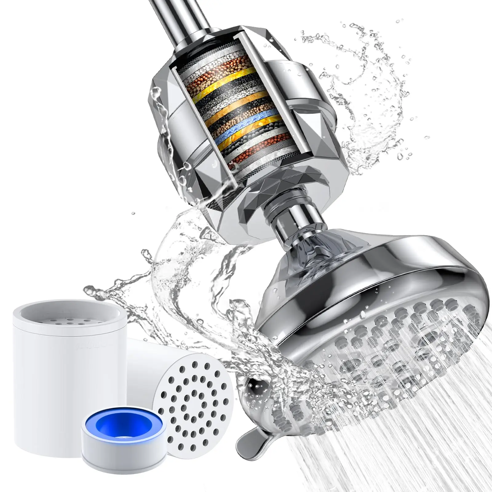 Garvee Shower Head and 20 Stage Shower Filter, High Pressure 5 Spray Settings Filtered Showerhead with 3 Replaceable Filter Cartridges for Removing Chlorine Fluoride, Polished Chrome