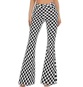 WIRDATRD Women Checkered Flare Jeans Christmas Bell Bottom Pants Halloween Football Game Outfit Fall Winter Party Casual  Womenswear