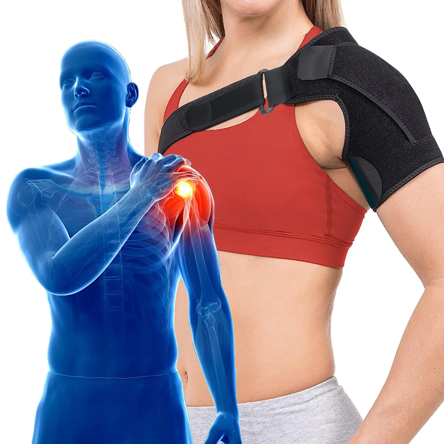 Shoulder Brace Compression Sleeve for Men and Women, Solid Black Adjustable Wrap for Left or Right Arm, Rotator Cuff Support and Shoulder Reliever