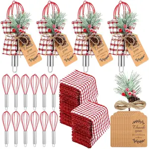 12 Sets Christmas Whisk Baking Supplies Gifts Sets Include Stainless Steel Whisk, Greeting Card, Snowfall Pine Branch, Plaid Towel, Rope for Xmas Neighbor Employee Stocking Stuffer Cooking (8 Inches)