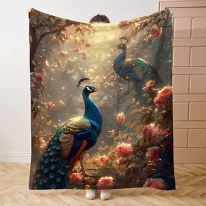Mysterious Peacock Forest Pattern Flannel Shawl Blanket - Soft and Comfortable, Suitable for All Seasons, Ideal for Bed, Sofa, Office, Camping |   Medieval style, digital printing, 200-250 grams