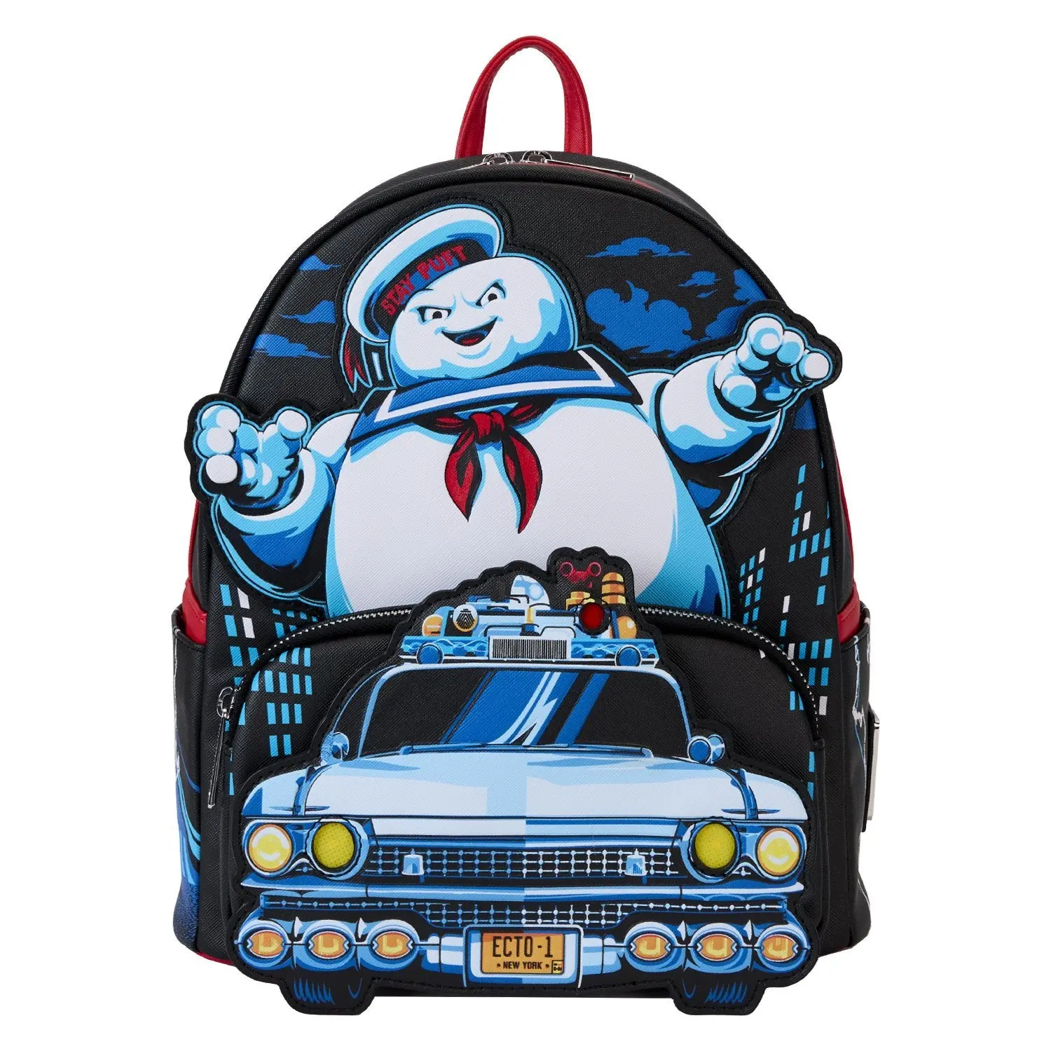 Loungefly Ghostbusters Stay Puft Faux Leather Mini Backpack, Funny Light-Up Ecto-1 Collectibles Mini Bag, Zip, Casual, Edc Gear, Everyday Carry, Retro Style, 9” W X 10.5” H X 4.5” D, Lightweight, Casual Wear, Compact Fit, Ecto-1 Print, Kids Who Love Ghost
