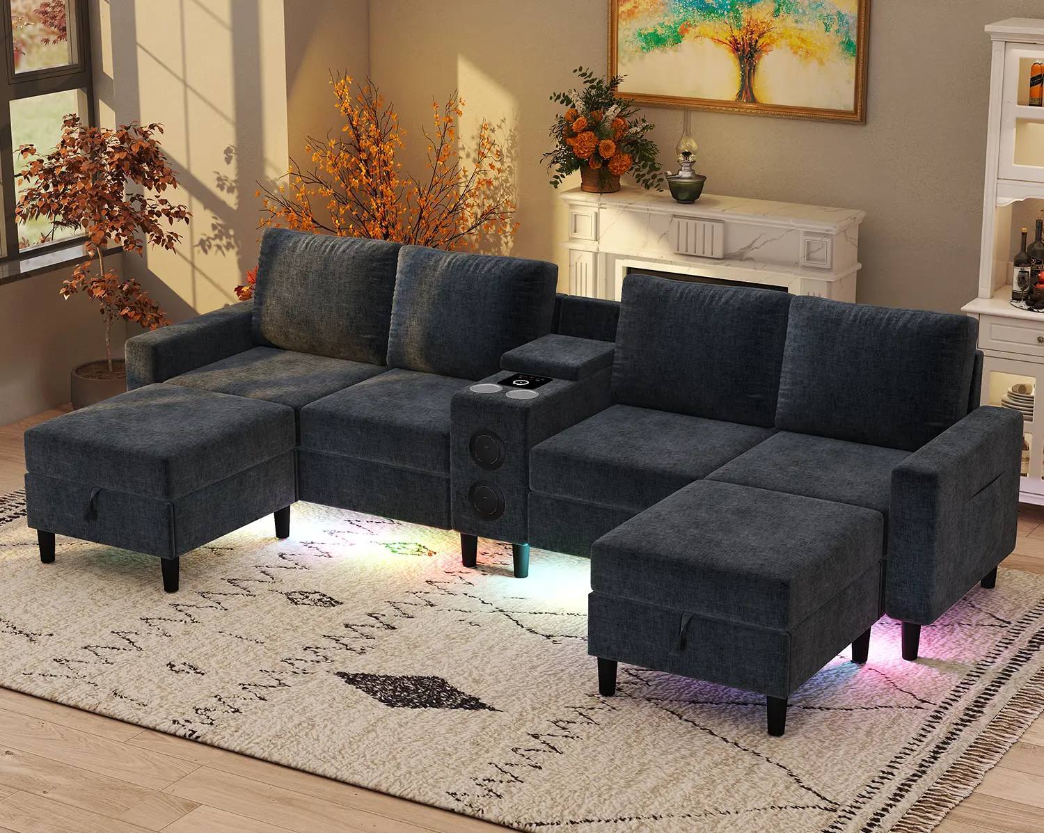 120" U-Shaped modern Modular Sectional lazy Sofa  6-Seater with Built-In Tea Console, Color LED Light, Stereo Speaker & Wireless Charging Feature, Oversized Deep Seat Chenille Fabric Couch  comfy   for Living Space, Cream Beige & Dark Gray Dual Color