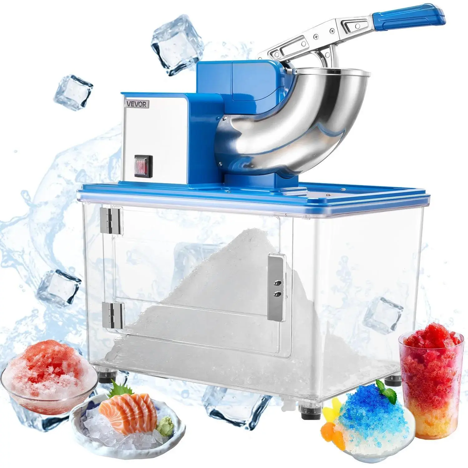 【Summerfinds】VEVOR Commercial Ice Crusher 661LBS/H,  350W Electric Snow Cone Machine with 4 Blades, 2000RPM Stainless Steel Shaved Ice Machine with 11 Gal Crushed-Ice Box, for Family Restaurants Bars, Blue