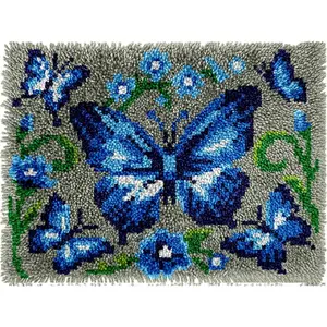 Blue Butterfly Latch Hook Kits for Adults, Beginners Insect Latch Hook Rug Starter Kit Pre-Printed Carpet Making Set DIY Handmade Wall Hanging Craft for Home Decoration 20x15 inch