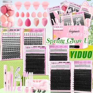 YIDUO All-in-One Eyelash Cluster Kit | 100D/150D/200D/300D, Bunny/Wispy Styles & Bottom Lashes | 5-18mm D-Curvature | Complete Tools (Bond & Seal, Remover, Tweezers, Brush, Curler & Makeup Tools) | DIY Lash Extensions at Home