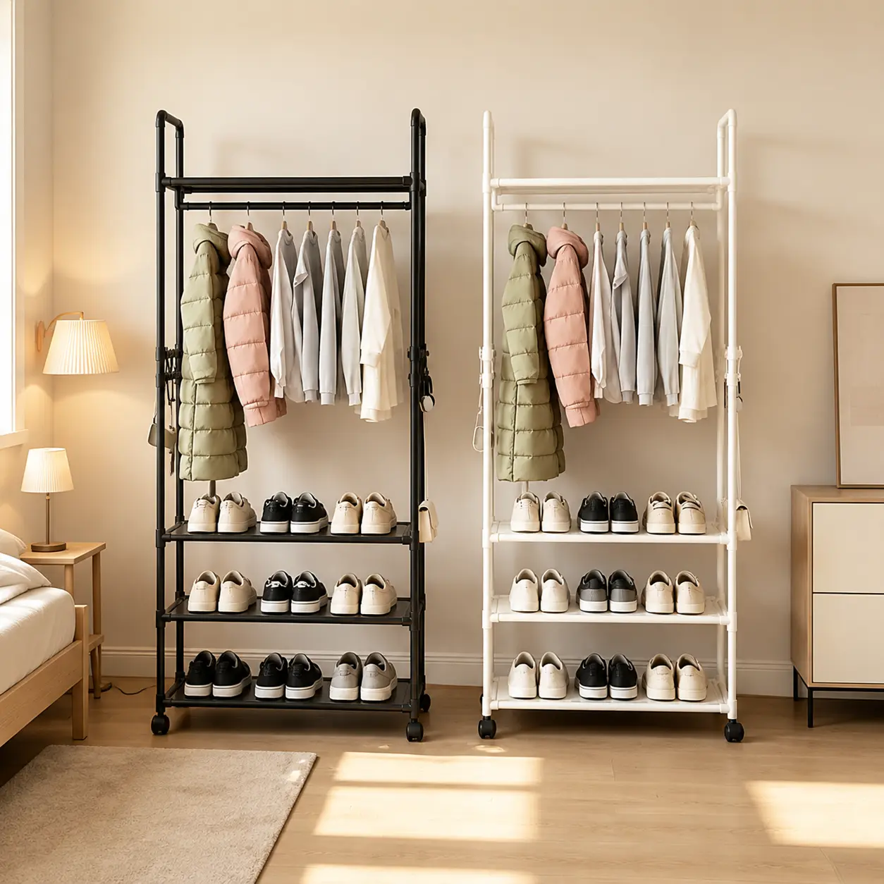 Multifunctional Clothing/Shoes Organiser - ABS Plastic Space Saver Storage Rack with Multiple Shelves, Hooks, Box Pack for Bedroom, Living Room, Stable