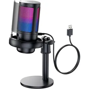 Gaming Microphone, USB PC Mic for Podcasts Videos, Streaming, Condenser Mic with Quick Mute, Tripod Stand, Pop Filter, RGB Indicator, Shock Mount, Rotate gain button, Compatible with PS4/5/PC