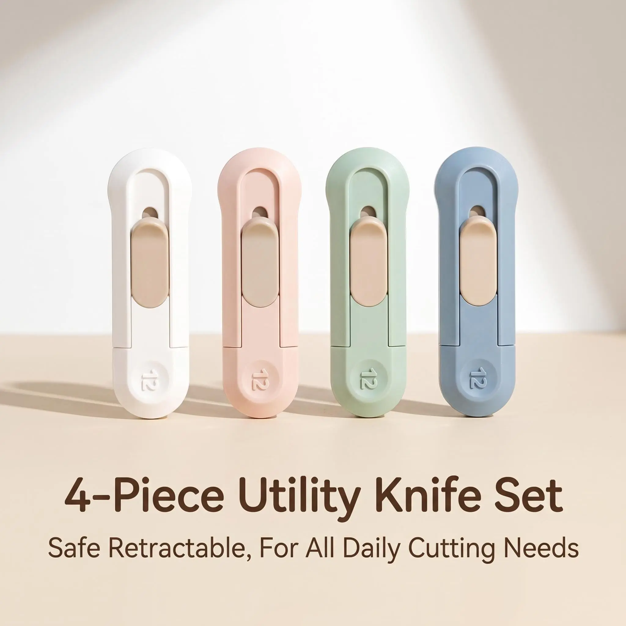 4-Piece Wrap Box Opener Set, Precision MiniCardboard Cutters with Safe Auto-ReboundDesign for Easy Unpacking at Home, School and Office,Retractable Blade Safety Cutter with Exposed Blade Risk and Safe Storage Design for Max Safety