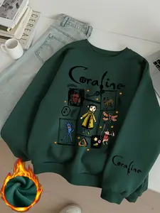 Women's Coraline Gothic Fantasy Cartoon Long Sleeve Pullover Sweater, Retro Casual Round Neck Fitted Top for Fall & Winter