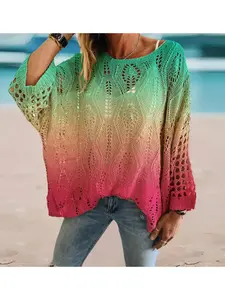 Spring-summer crew neck diamond hollow batwing top, bohemian print, casual layered Beach Cover Ups for beach vacation.