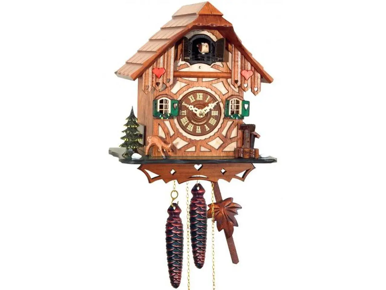 Alexander Taron 413 Traditional Wooden Weight-Driven Cuckoo Clock, 9" h x 8.5" w x 5.5" d, Hearts Design, Home Decor for Collectors, Home Supplies Clock