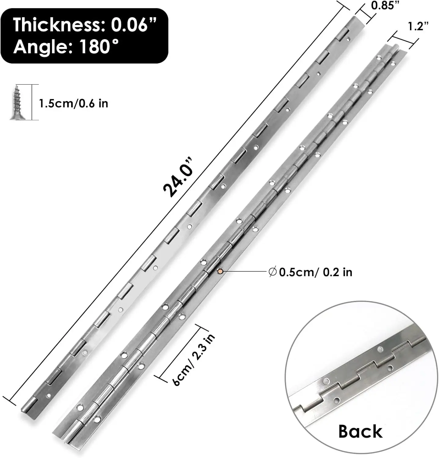 Piano Hinge 24 Inch, 304 Stainless Steel Continuous & Piano Hinges, Heavy Duty Piano Hinges, Continuous Hinges with Polished Finish, 1-1/5" x 24", 0.06"